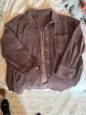White Fox Boutique Chocolate Brown Waffle Button-Down Shirt